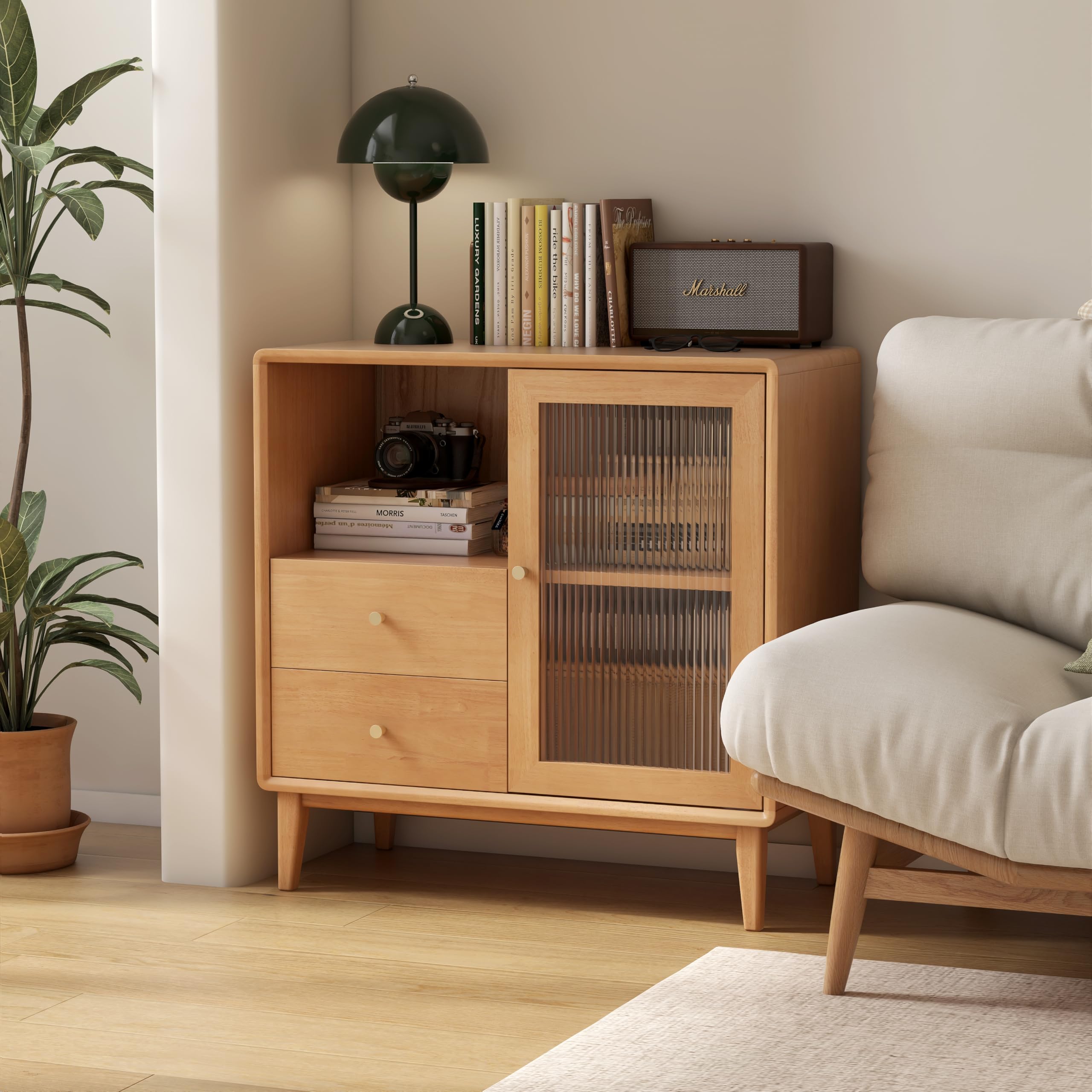 Sideboard Buffet Cabinet with Storage, 100% Solid Rubberwood Wood Coffee Bar with Glass Door & 2 Drawers, Wooden Kitchen Display Cabinet with Adjustable Shelf for Dining Room, Living Room