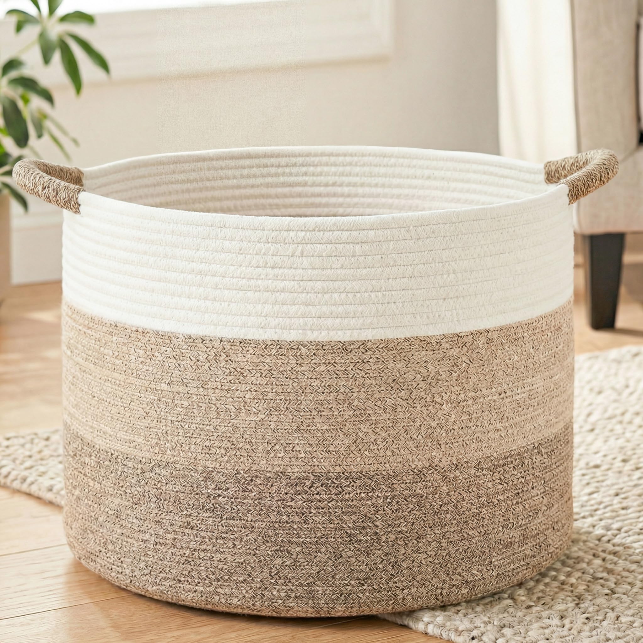 70L Large Cotton Rope Basket, Decorative Woven Blanket Storage for Living Room, Boho Toy Storage & Toy Box for Kids, Versatile Laundry Basket & Nursery Hamper for Blankets(Brown)