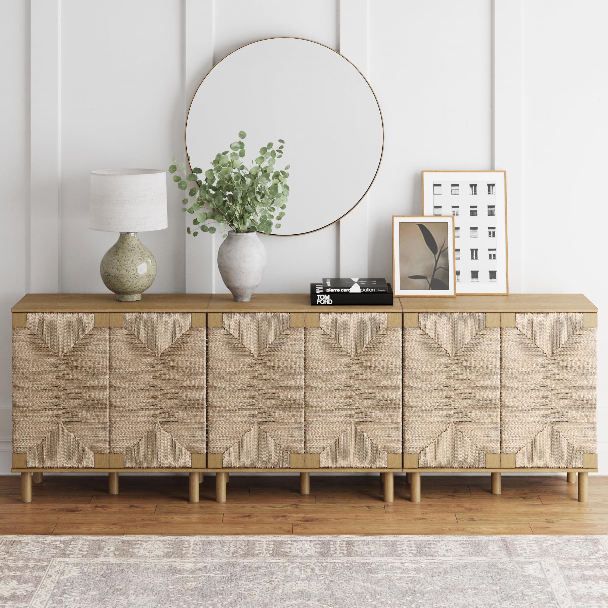 Nathan James Beacon Accent Natural Sideboard Storage Cabinet in Light Wood with Adjustable Interior Shelf and Seagrass Doors, for Hallway, Entryway or Dining Room, Light Brown