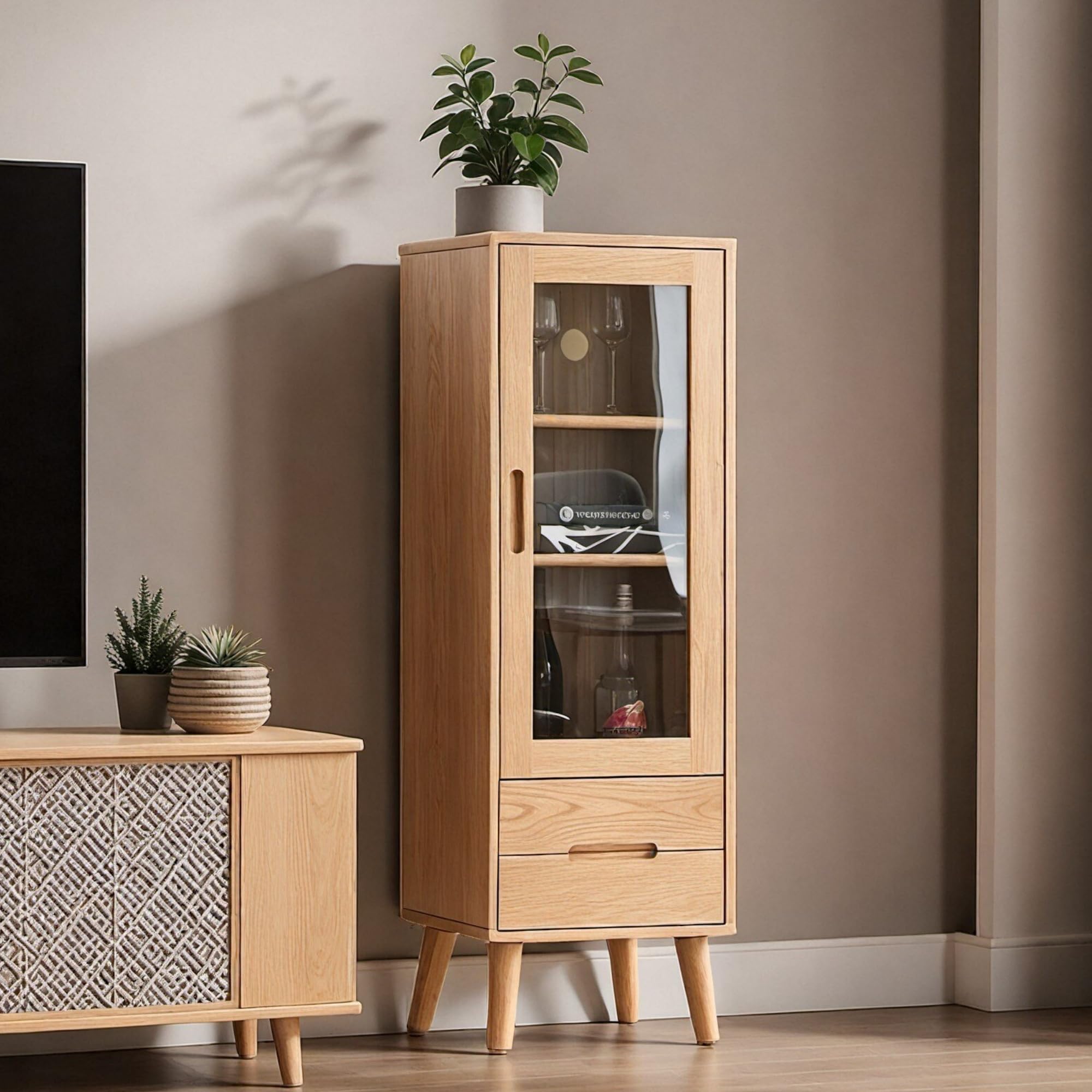 Sideboard Buffet Cabinet with Storage, 100% Solid Rubberwood Wood Coffee Bar with Glass Door & 2 Drawers, Wooden Kitchen Display Cabinet with Adjustable Shelf for Dining Room, Living Room