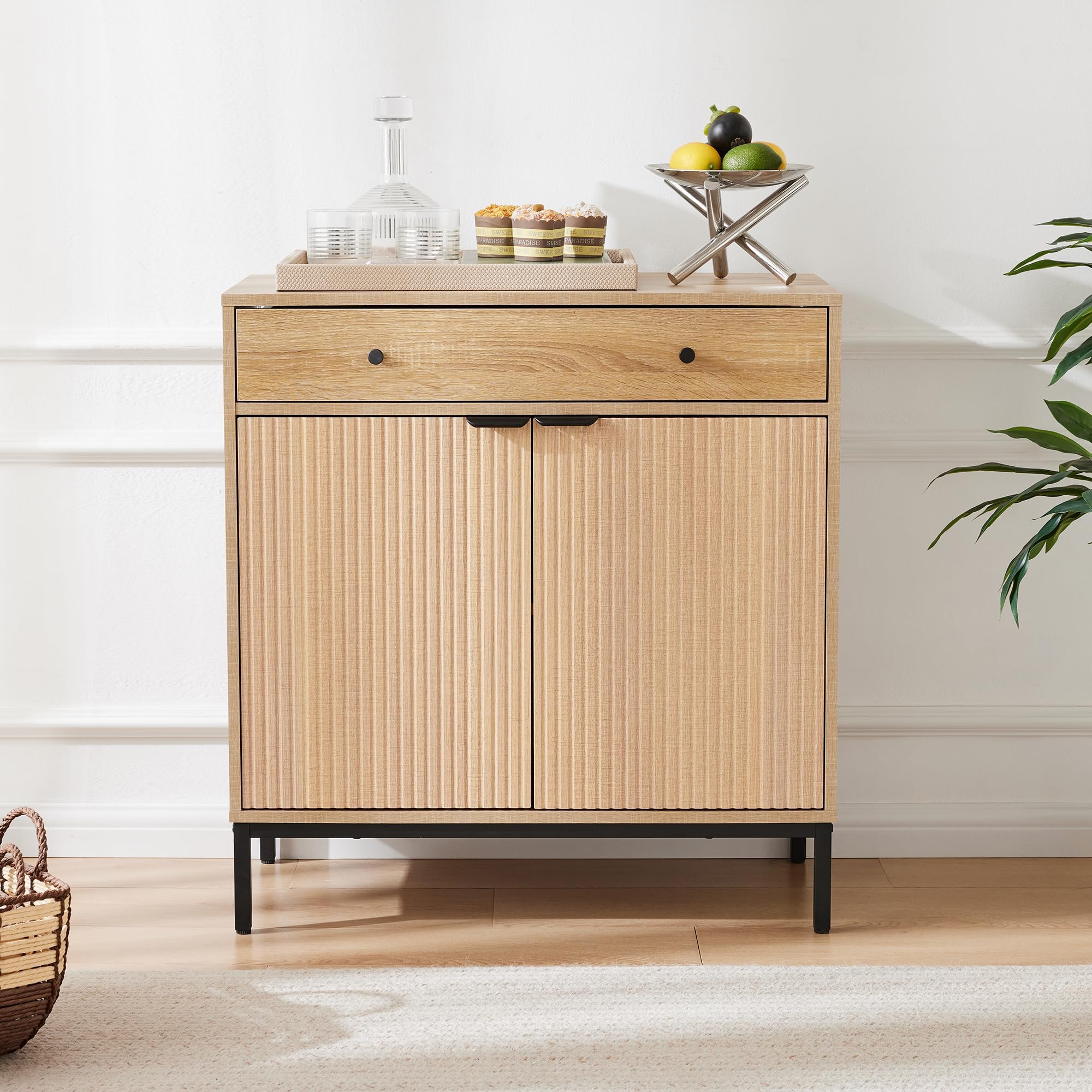 Mericonia Farmhouse Buffet Sideboard Cabinet with Storage, Fluted Coffee Bar with Doors and Adjustable Shelves, Modern Wood Console Cabinet for Kitchen, Livingroom (Fluted 4 Door, Natural)