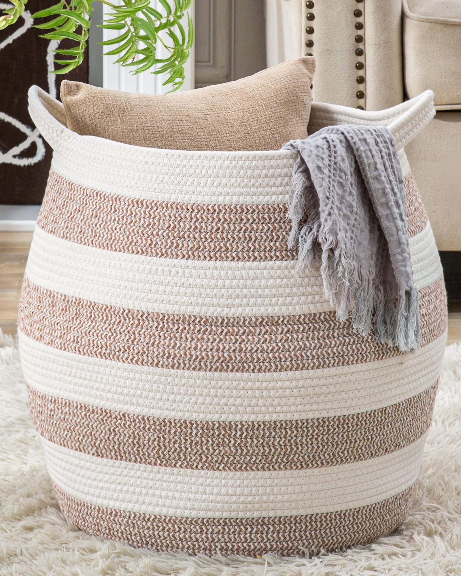 KAKAMAY Woven Baskets for Storage(17"x17"),Large Cotton Rope Woven Baby Laundry Hamper,Collapsible Laundry Basket, Blanket Basket for Organizing Living Room,Nursery,Clothes,Toy chest (Black)