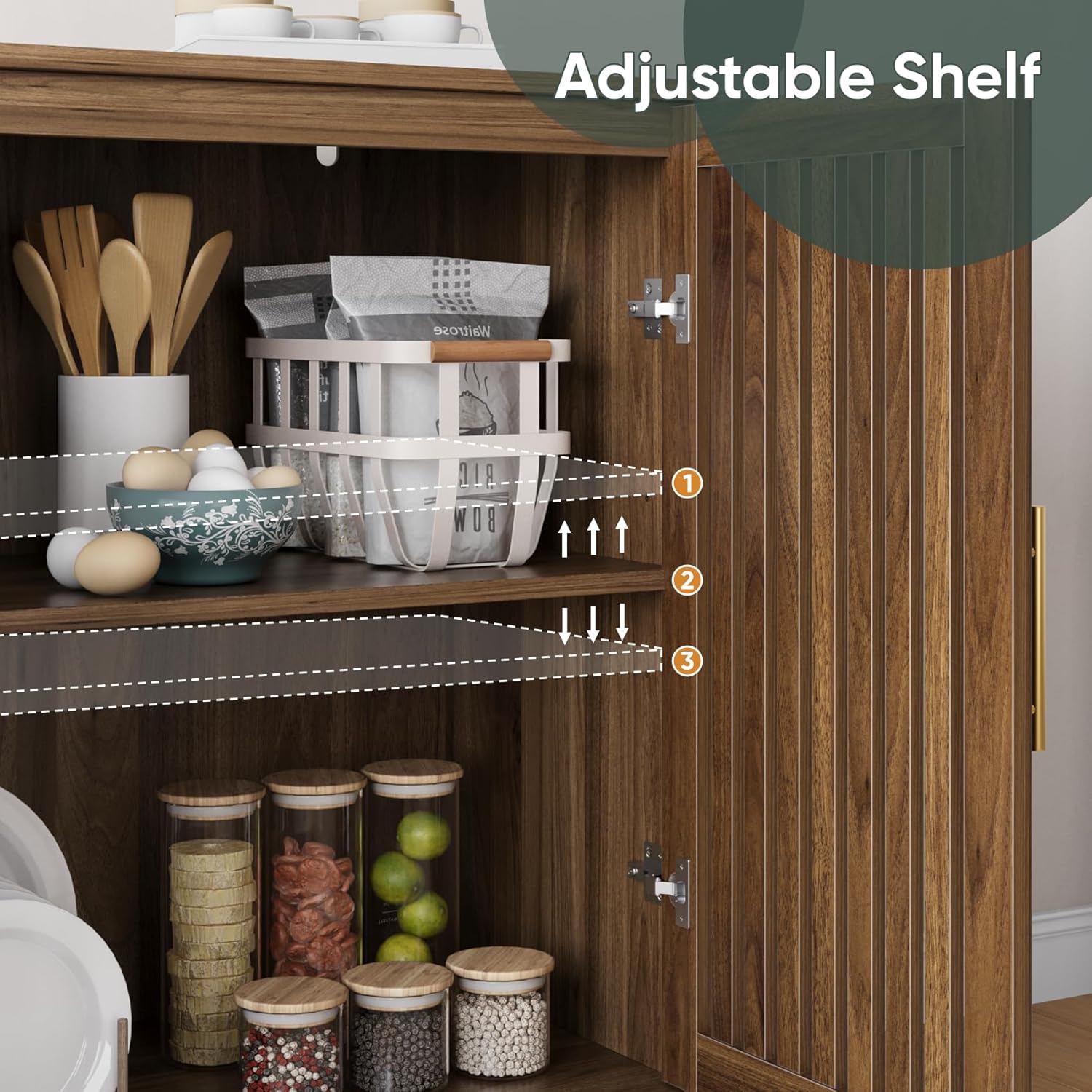 Sideboard Cabinet, 31.5" W Farmhouse Buffet Cabinet with Slatted Doors & Adjustable Shelf, Wood Coffee Bar Storage Station for Kitchen, Dining Room, Living Room, Entryway, Walnut Color