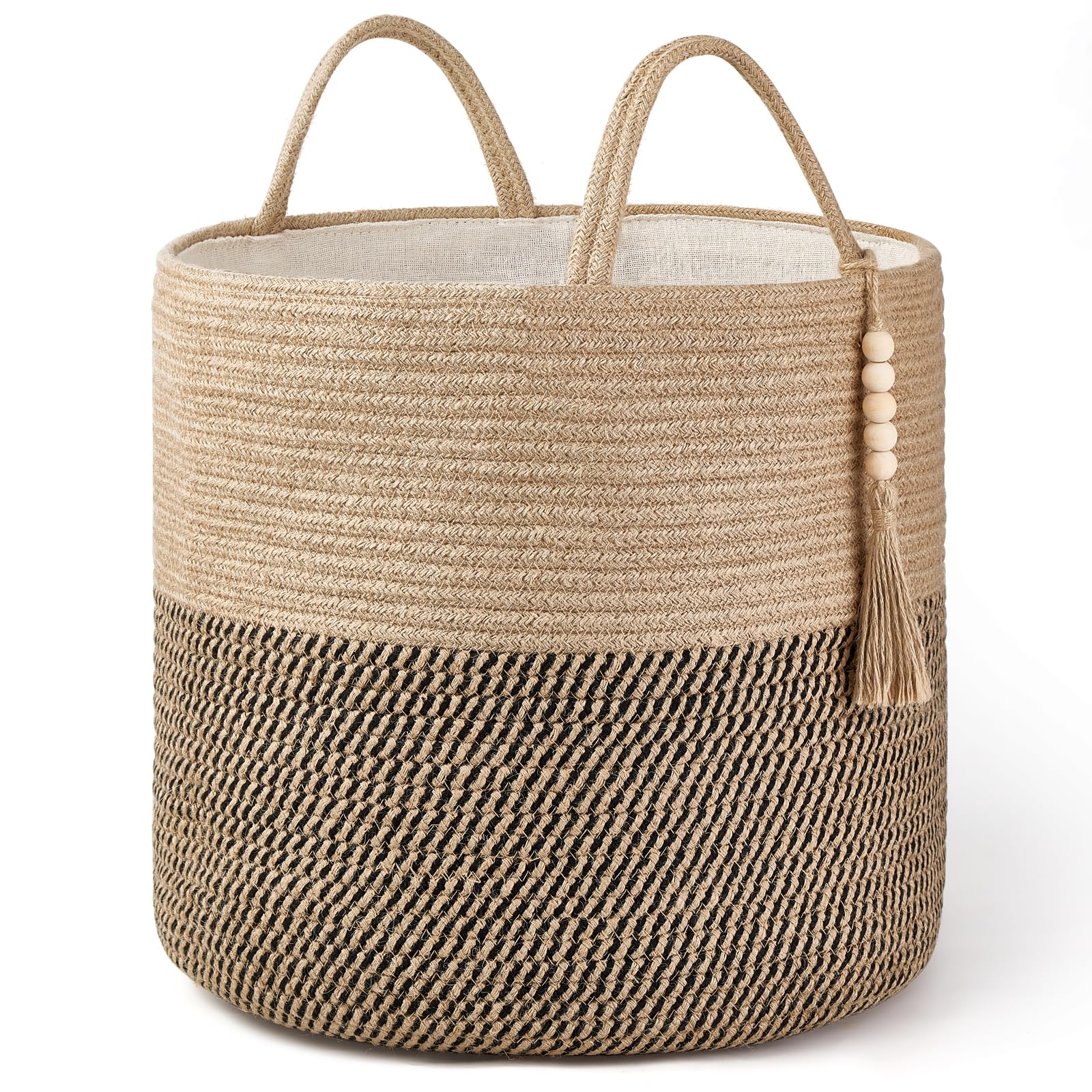 Mkono Woven Storage Basket Decorative Natural Rope Basket Wooden Bead Decoration for Blankets,Toys,Clothes,Shoes,Plant Organizer Bin with Handles Living Room Home Decor, Jute, 16" W × 13.8"L