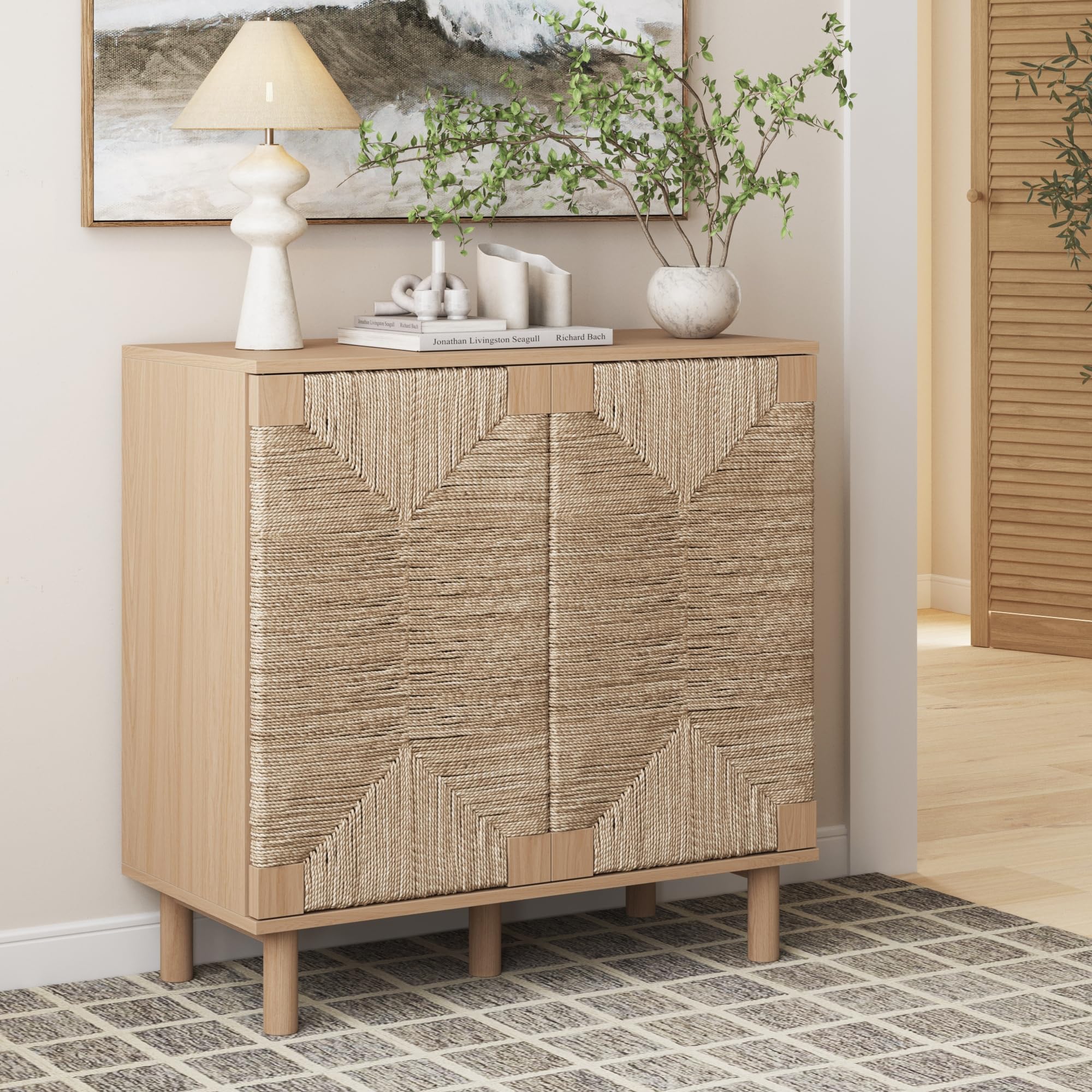 Nathan James Beacon Accent Natural Sideboard Storage Cabinet in Light Wood with Adjustable Interior Shelf and Seagrass Doors, for Hallway, Entryway or Dining Room, Light Brown