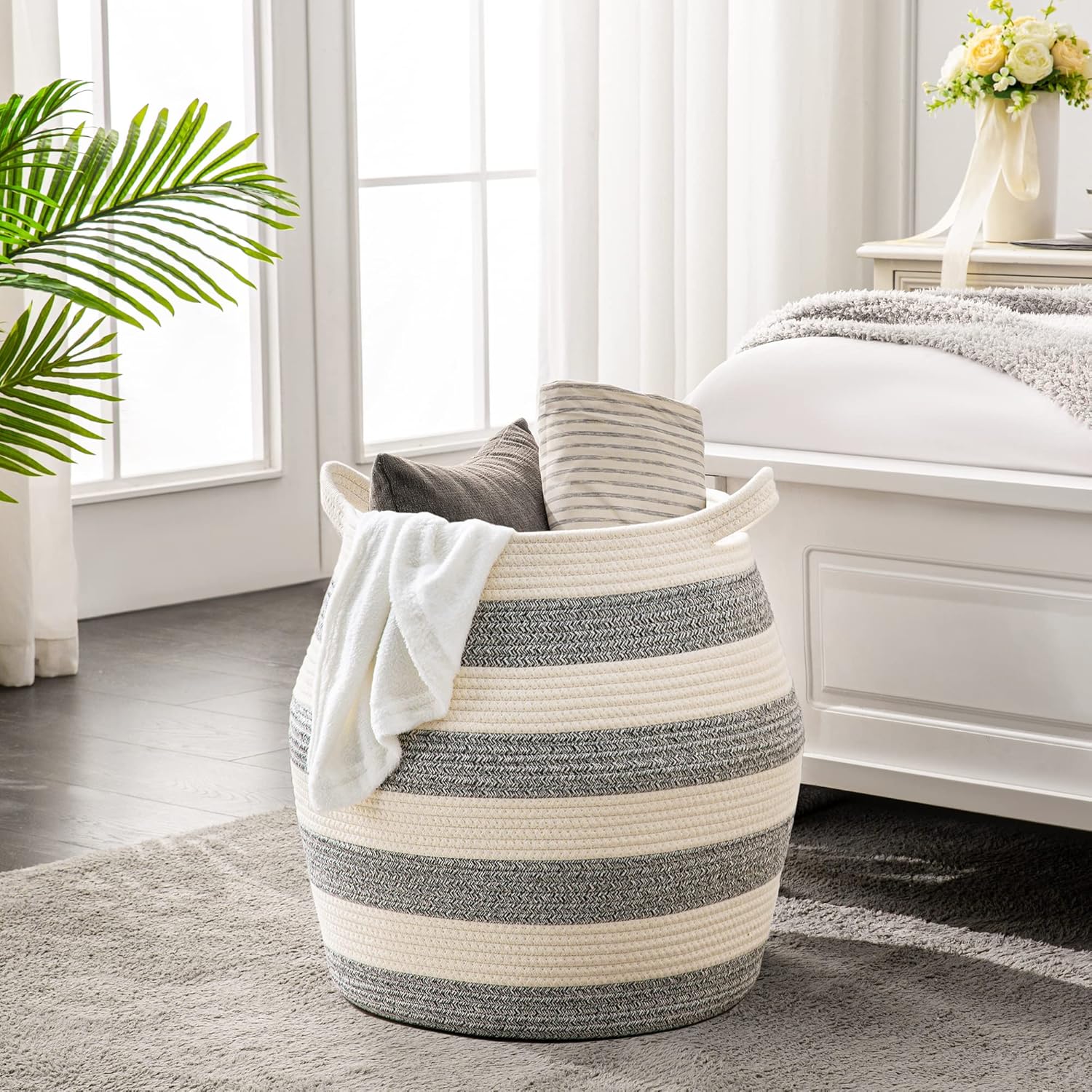 KAKAMAY Woven Baskets for Storage(17"x17"),Large Cotton Rope Basket Woven Baby Laundry Hamper,Collapsible Laundry Basket, Blanket Basket for Organizing Living Room,Nursery,Pillows,Toy Chest(Grey)