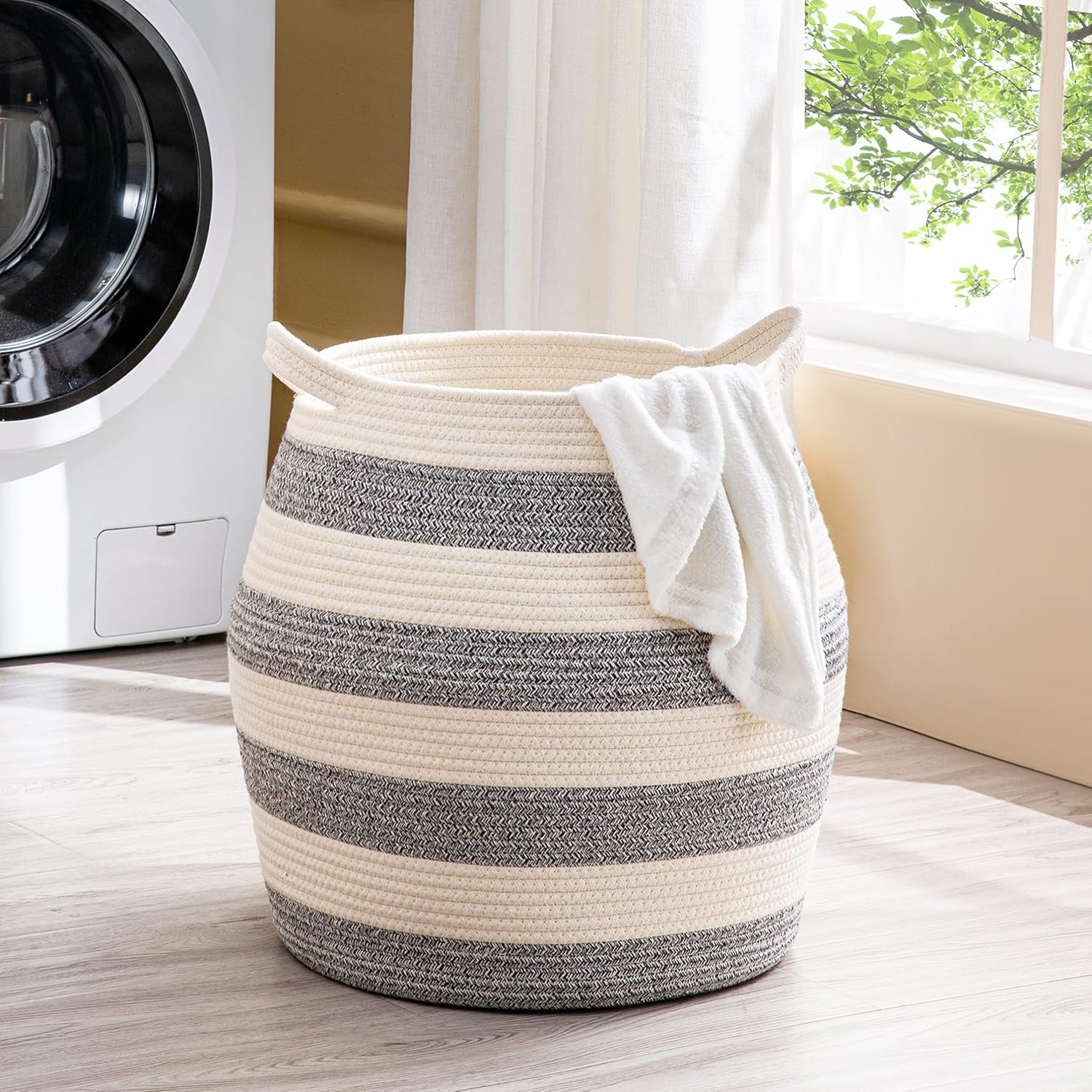 KAKAMAY Woven Baskets for Storage(17"x17"),Large Cotton Rope Basket Woven Baby Laundry Hamper,Collapsible Laundry Basket, Blanket Basket for Organizing Living Room,Nursery,Pillows,Toy Chest(Grey)