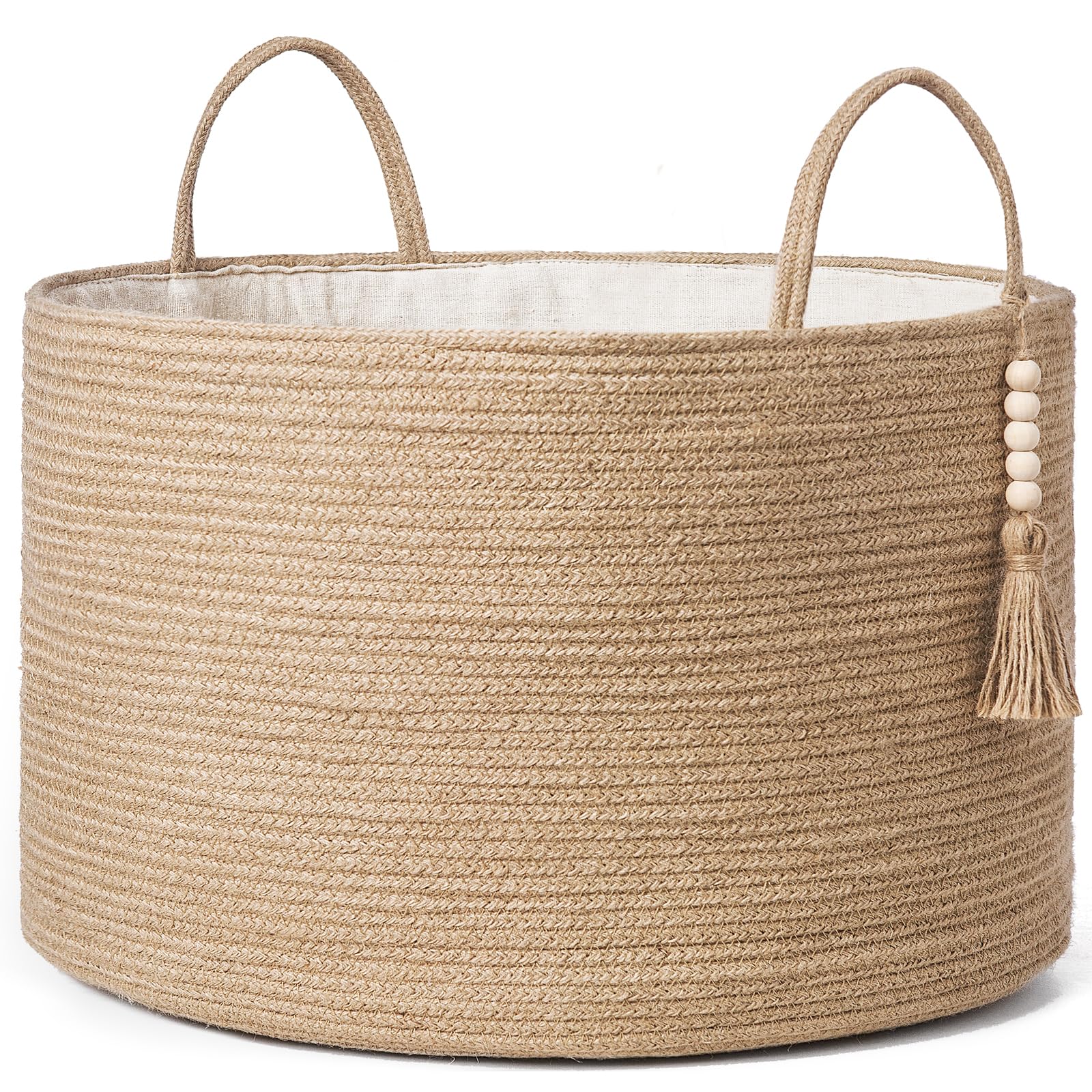 Mkono Woven Storage Basket Decorative Natural Rope Basket Wooden Bead Decoration for Blankets,Toys,Clothes,Shoes,Plant Organizer Bin with Handles Living Room Home Decor, Jute, 16" W × 13.8"L