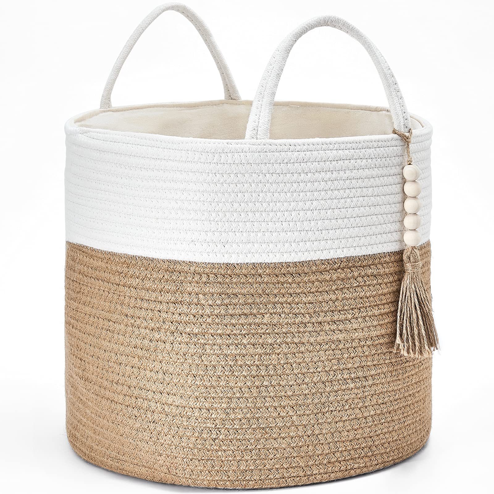 Mkono Woven Storage Basket Decorative Natural Rope Basket Wooden Bead Decoration for Blankets,Toys,Clothes,Shoes,Plant Organizer Bin with Handles Living Room Home Decor, Jute, 16" W × 13.8"L