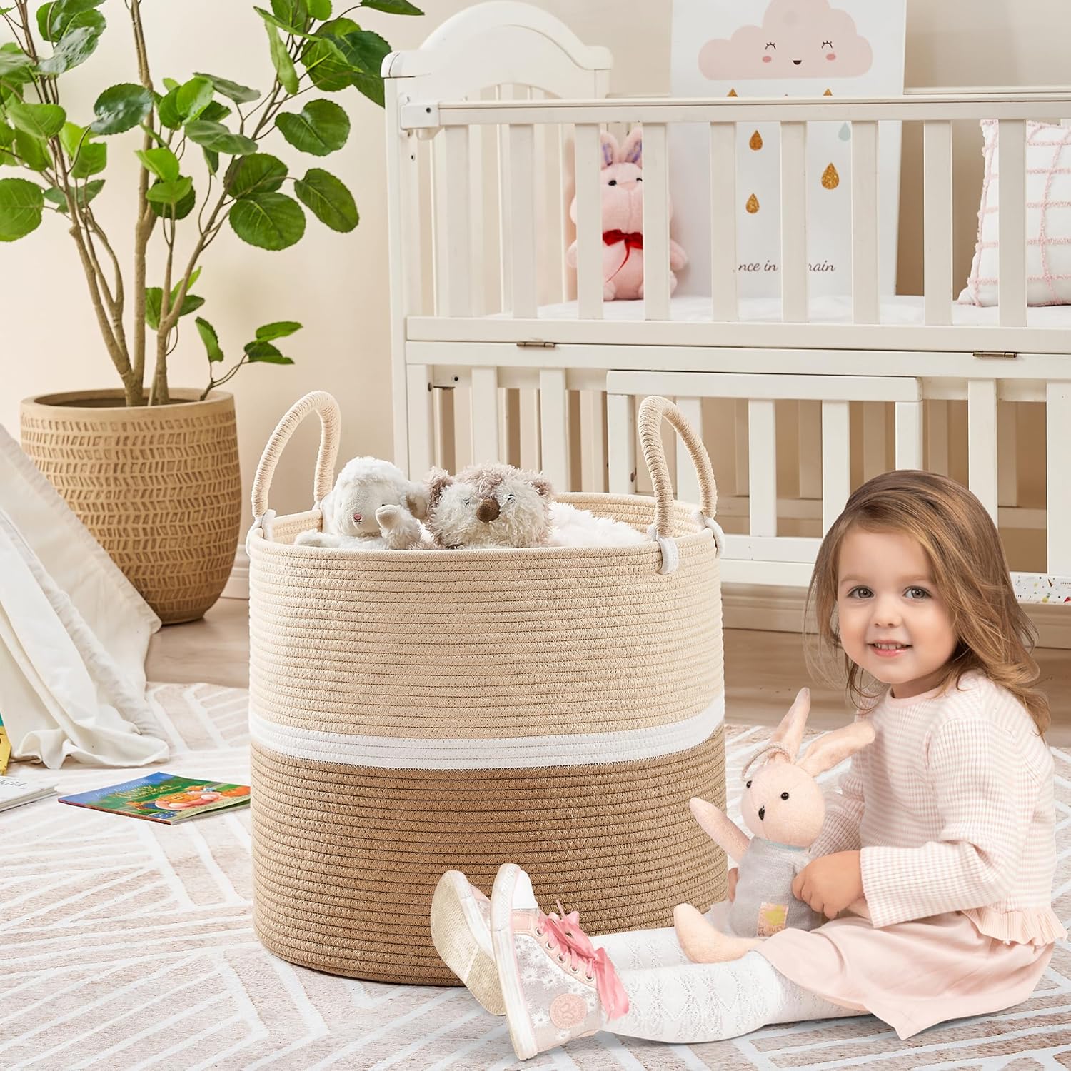 KAKAMAY Large Blanket Basket (18"x18"x16"),Woven Baby Laundry Hamper for Storage, Cotton Rope Blankets Baskets for Nursery, Laundry, Living Room, Pillows, Baby Toy chest with Handles (Light Brown)