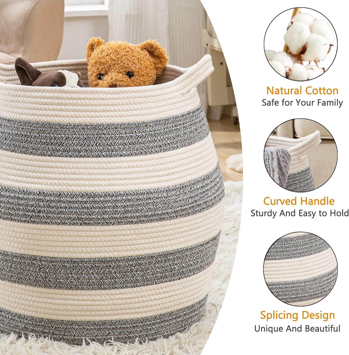 KAKAMAY Woven Baskets for Storage(17"x17"),Large Cotton Rope Basket Woven Baby Laundry Hamper,Collapsible Laundry Basket, Blanket Basket for Organizing Living Room,Nursery,Pillows,Toy Chest(Grey)