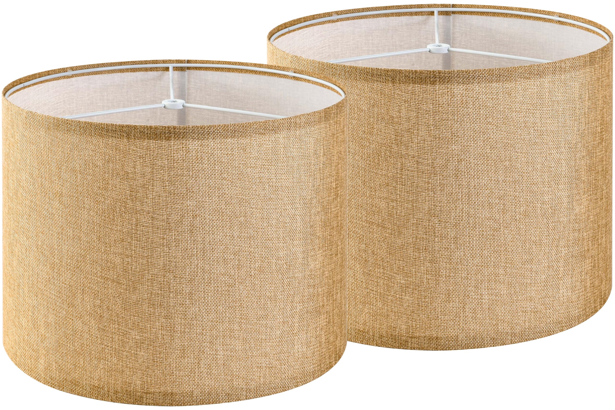 Set of 2 Drum Lampshades for Table, Floor & Bedside Lamps - 13 * 13 * 10 inch, Medium Beige Gray Shades - Natural Fabric Spider Fitter - Modern & Rustic Interiors - By GO&SO Assembly Required