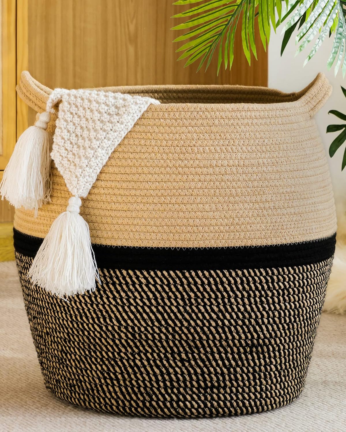 KAKAMAY Woven Baskets for Storage(17"x17"),Large Cotton Rope Woven Baby Laundry Hamper,Collapsible Laundry Basket, Blanket Basket for Organizing Living Room,Nursery,Clothes,Toy chest (Black)
