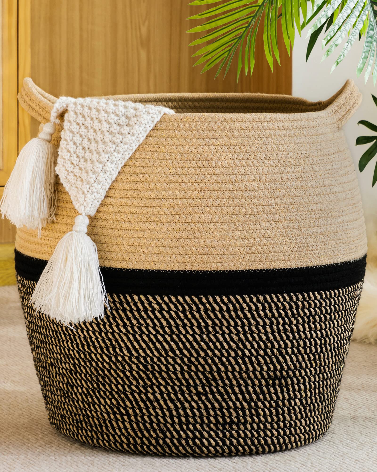 KAKAMAY Woven Baskets for Storage(17"x17"),Large Cotton Rope Woven Baby Laundry Hamper,Collapsible Laundry Basket, Blanket Basket for Organizing Living Room,Nursery,Clothes,Toy chest (Black)