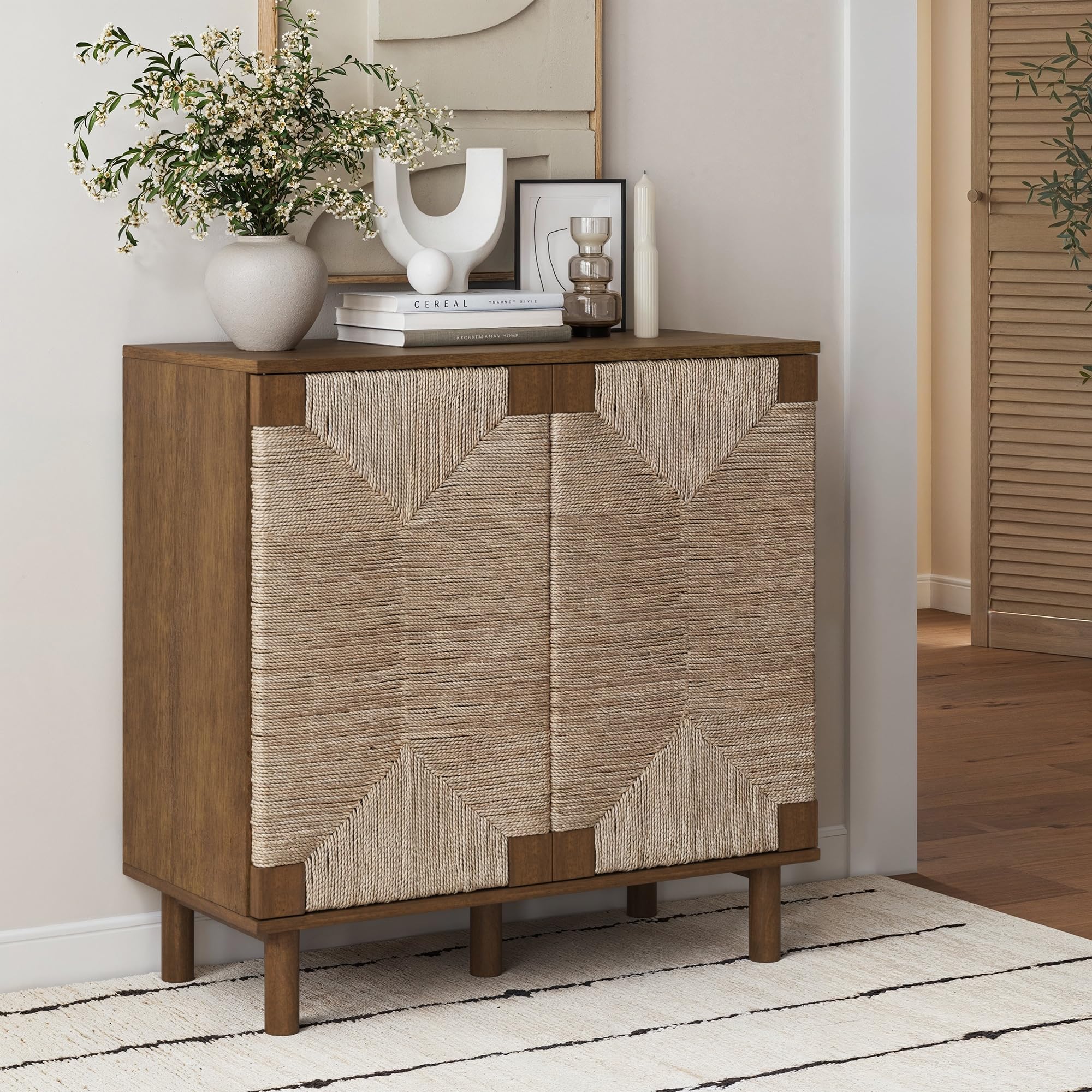 Nathan James Beacon Accent Natural Sideboard Storage Cabinet in Light Wood with Adjustable Interior Shelf and Seagrass Doors, for Hallway, Entryway or Dining Room, Light Brown