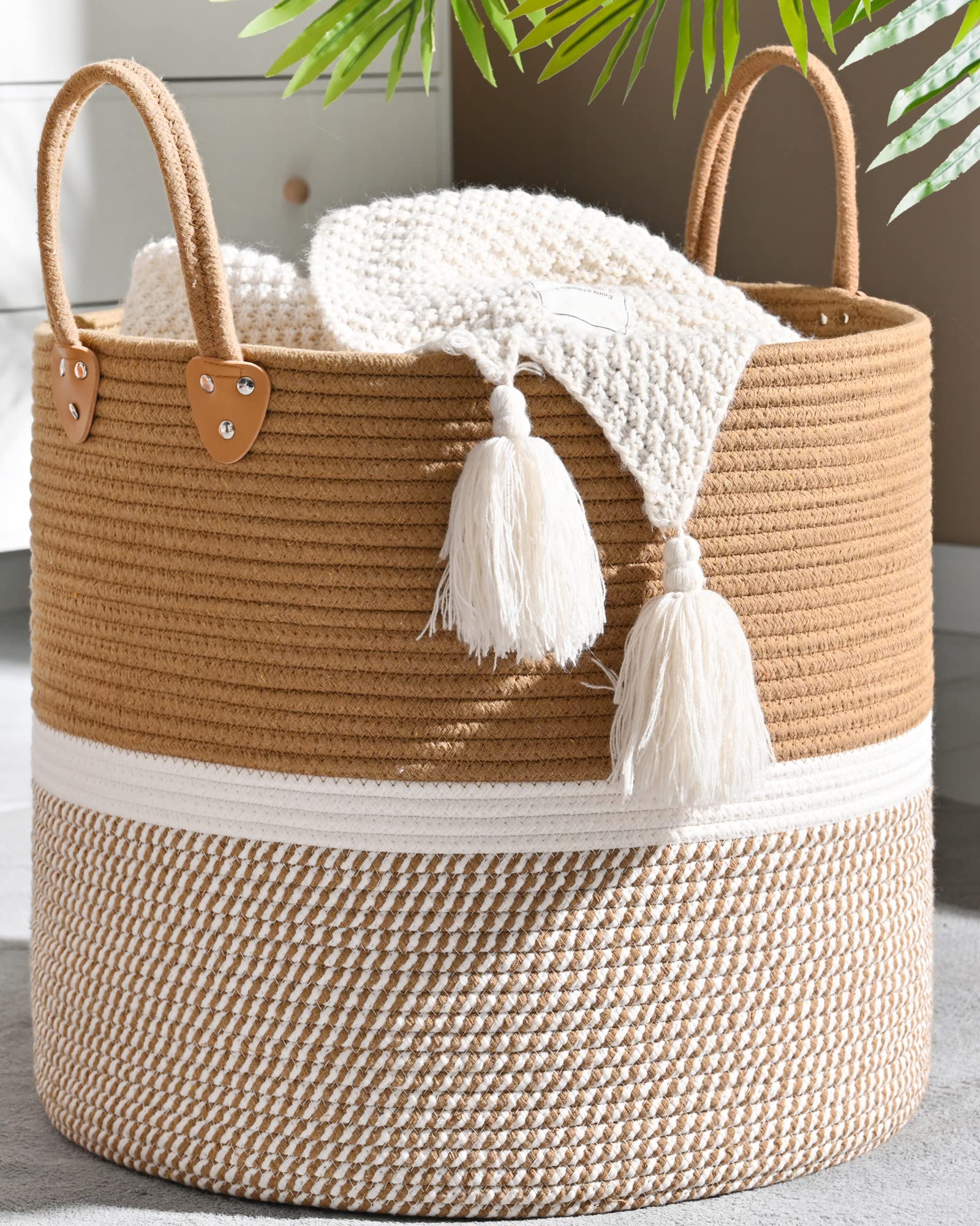 KAKAMAY Large Blanket Basket (18"x18"x16"),Woven Baby Laundry Hamper for Storage, Cotton Rope Blankets Baskets for Nursery, Laundry, Living Room, Pillows, Baby Toy chest with Handles (Light Brown)