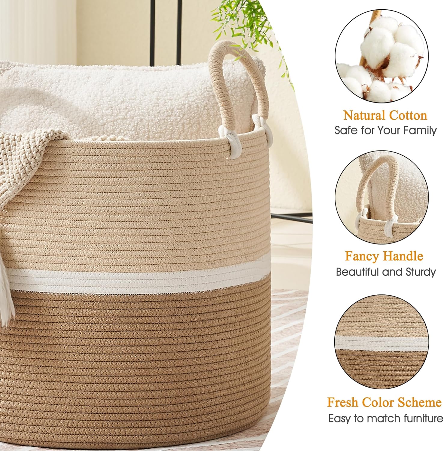 KAKAMAY Large Blanket Basket (18"x18"x16"),Woven Baby Laundry Hamper for Storage, Cotton Rope Blankets Baskets for Nursery, Laundry, Living Room, Pillows, Baby Toy chest with Handles (Light Brown)