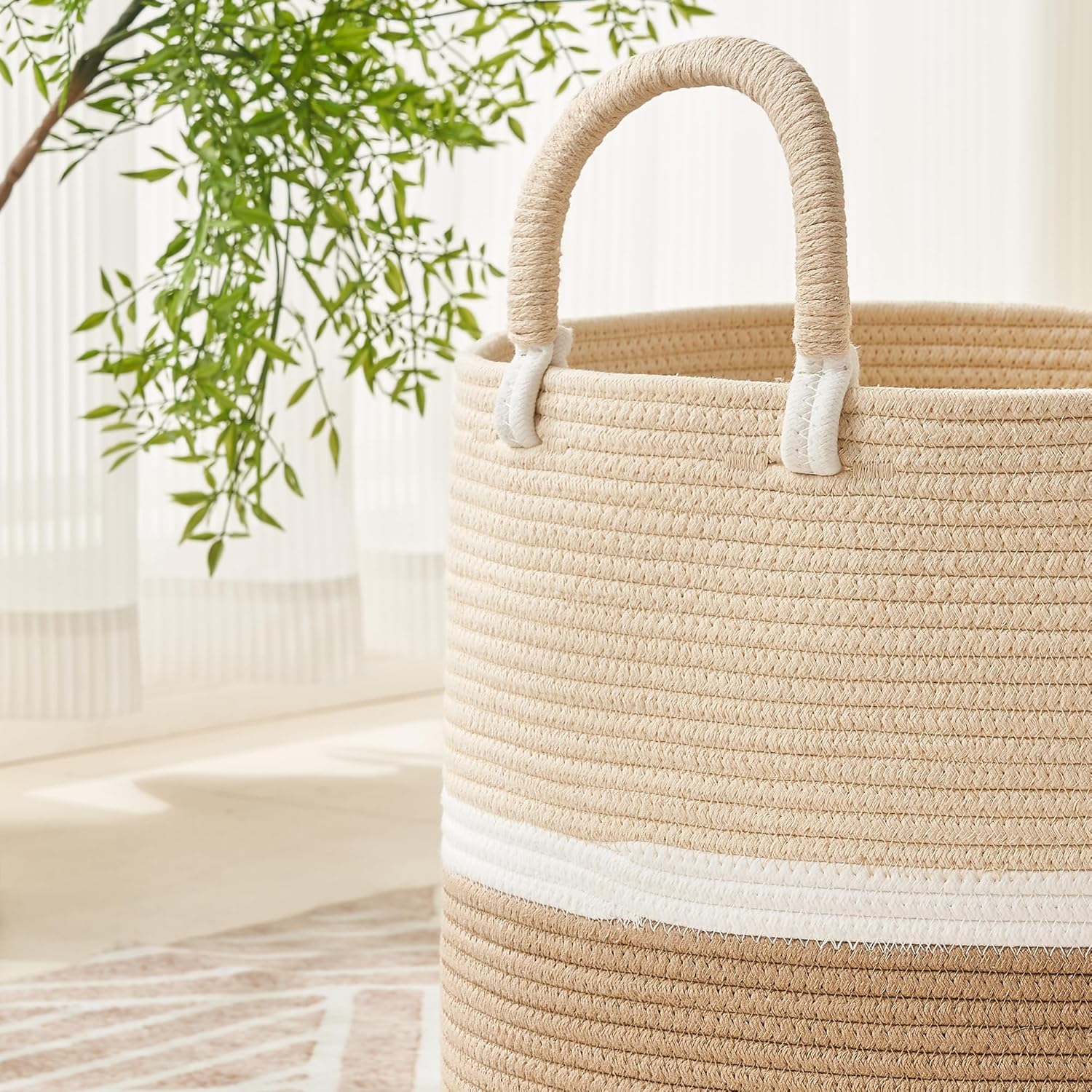 KAKAMAY Large Blanket Basket (18"x18"x16"),Woven Baby Laundry Hamper for Storage, Cotton Rope Blankets Baskets for Nursery, Laundry, Living Room, Pillows, Baby Toy chest with Handles (Light Brown)