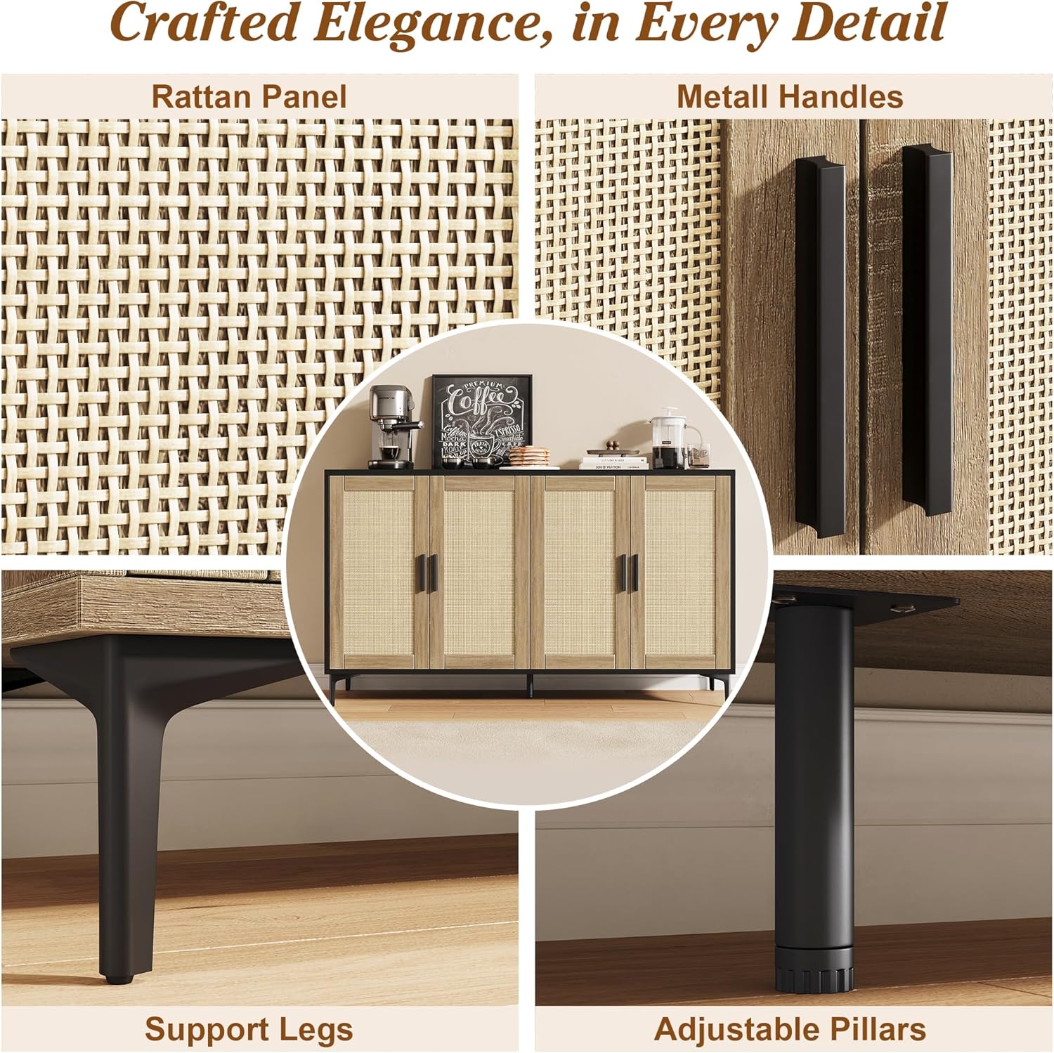 JASIWAY Buffet Cabinet with Storage, 48" Rattan Sideboard with Adjustable Shelves, Modern Coffee Bar Cabinet Console Table with Doors, Credenza for Kitchen, Living Room, Entryway, Dining Room, Black