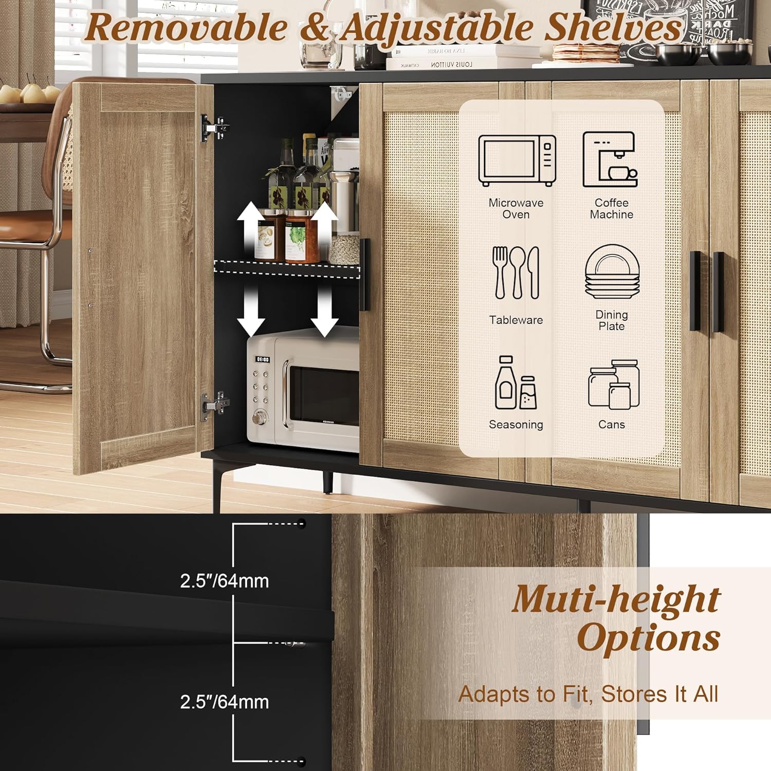 JASIWAY Buffet Cabinet with Storage, 48" Rattan Sideboard with Adjustable Shelves, Modern Coffee Bar Cabinet Console Table with Doors, Credenza for Kitchen, Living Room, Entryway, Dining Room, Black